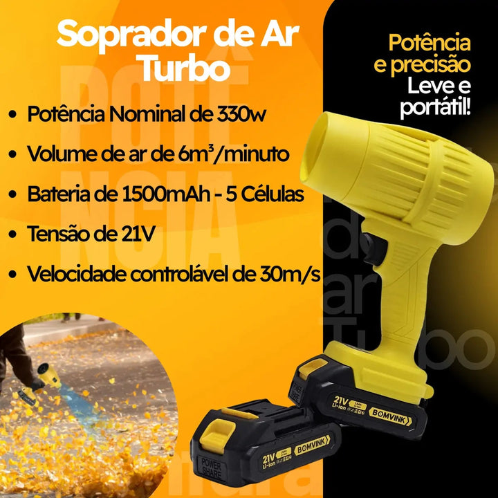 Soprador De Ar Turbo 21v Portátil Com 2 Baterias Recarregável Potente Para Folhas Pó Limpeza