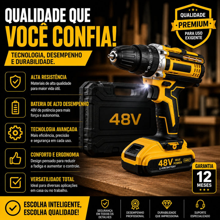 Parafusadeira e Furadeira Impacto 48v 2 Baterias + Maleta Com Acessórios Kit Completo