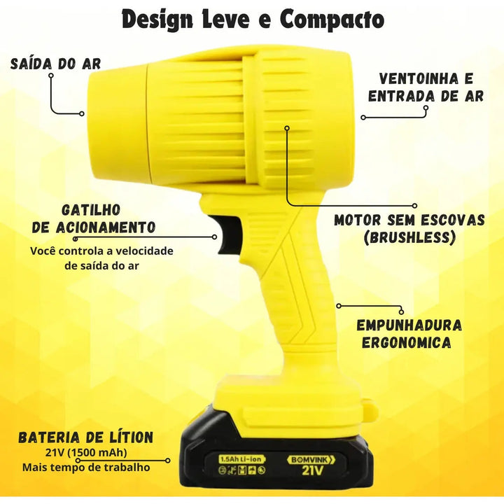 Soprador De Ar Turbo 21v Portátil Com 2 Baterias Recarregável Potente Para Folhas Pó Limpeza