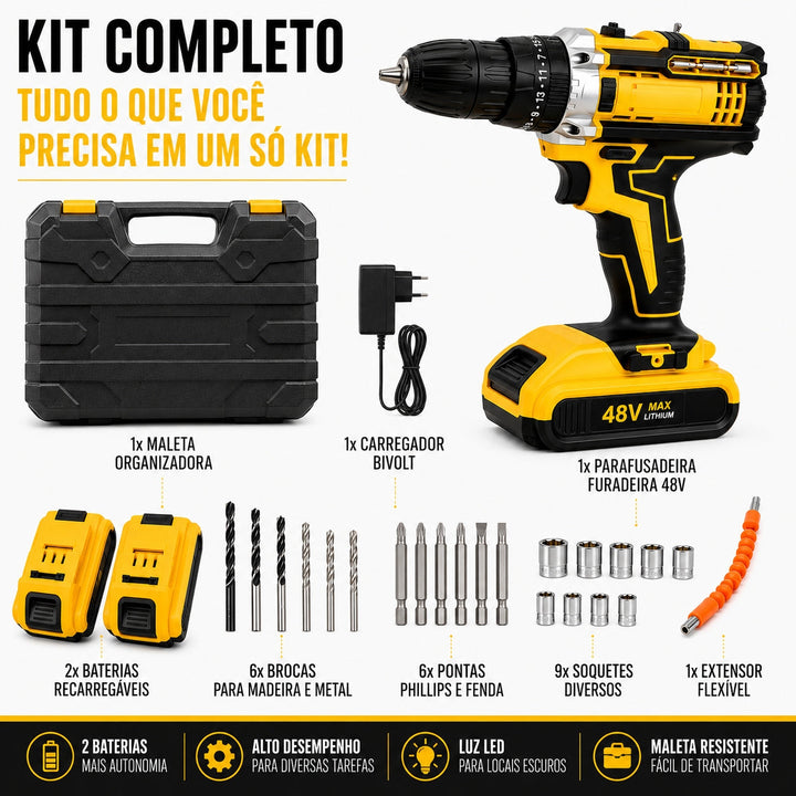 Parafusadeira e Furadeira Impacto 48v 2 Baterias + Maleta Com Acessórios Kit Completo