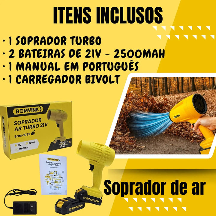 Soprador De Ar Turbo 21v Portátil Com 2 Baterias Recarregável Potente Para Folhas Pó Limpeza