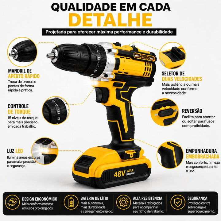 Parafusadeira e Furadeira Impacto 48v 2 Baterias + Maleta Com Acessórios Kit Completo