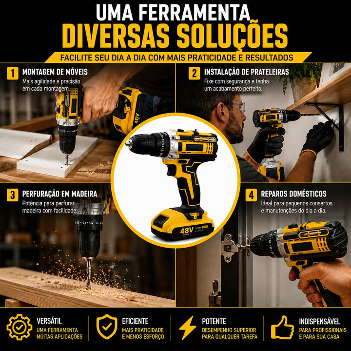 Parafusadeira e Furadeira Impacto 48v 2 Baterias + Maleta Com Acessórios Kit Completo