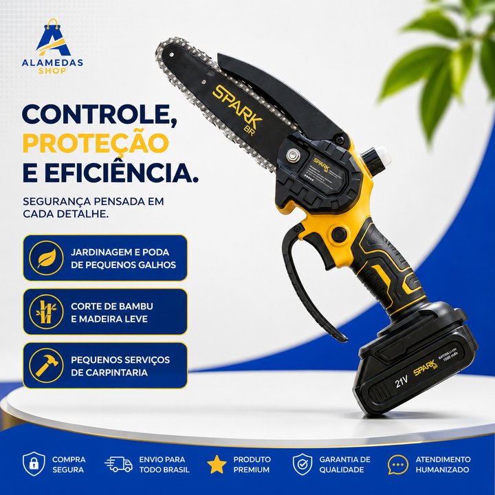 KIT COMPLETO Mini Motosserra 21V com 2 Baterias | Mais Autonomia, Cortes Precisos e Muito Menos Esforço