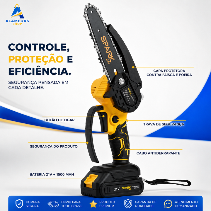 KIT COMPLETO Mini Motosserra 21V com 2 Baterias | Mais Autonomia, Cortes Precisos e Muito Menos Esforço