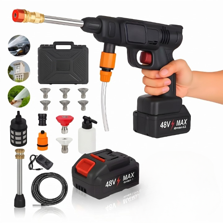 Kit Completo de Lavadora Portátil de Alta Pressão 48V com Maleta, 2 Baterias e Acessórios.