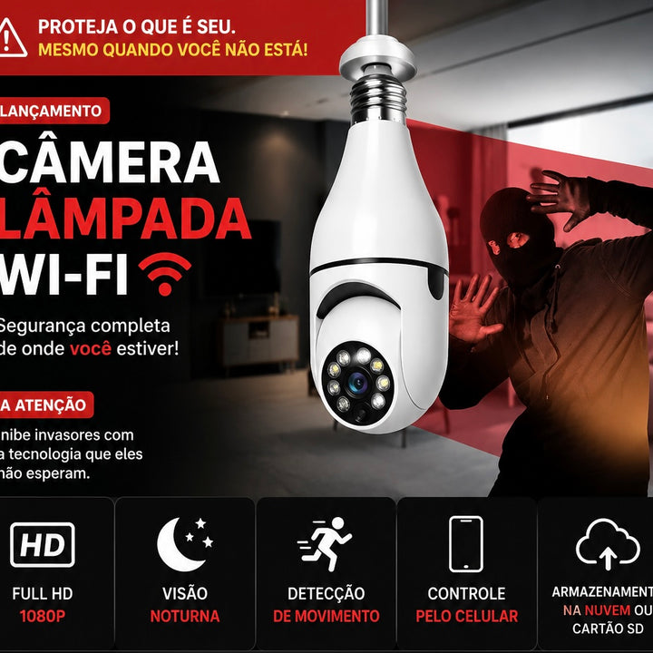 Câmera Lâmpada Wi-Fi 360° HD com Visão Noturna e Detecção de Movimento