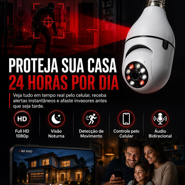 Câmera Lâmpada Wi-Fi 360° HD com Visão Noturna e Detecção de Movimento