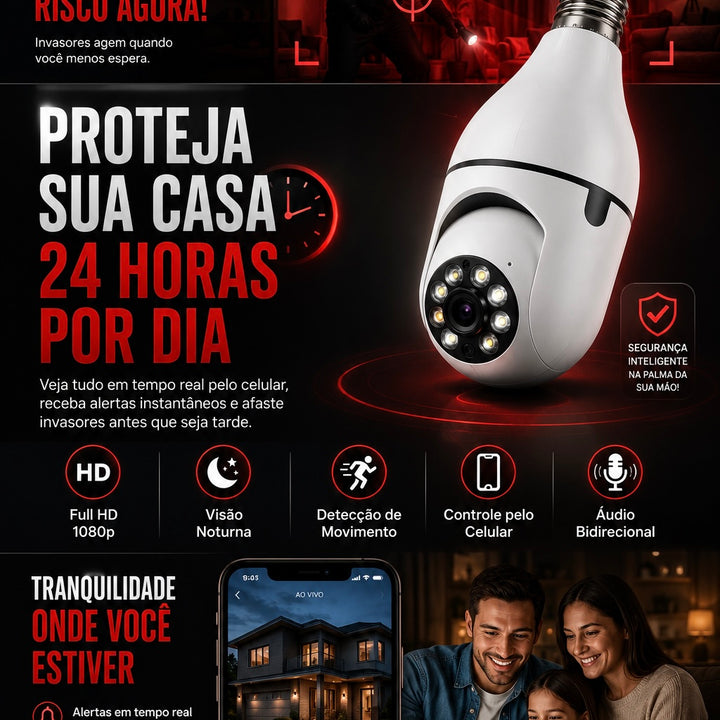 Câmera Lâmpada Wi-Fi 360° HD com Visão Noturna e Detecção de Movimento