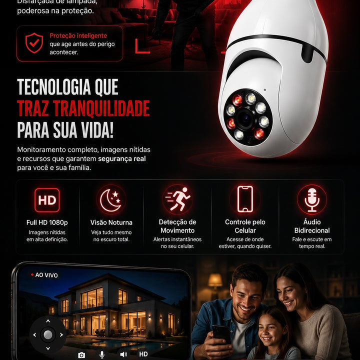 Câmera Lâmpada Wi-Fi 360° HD com Visão Noturna e Detecção de Movimento