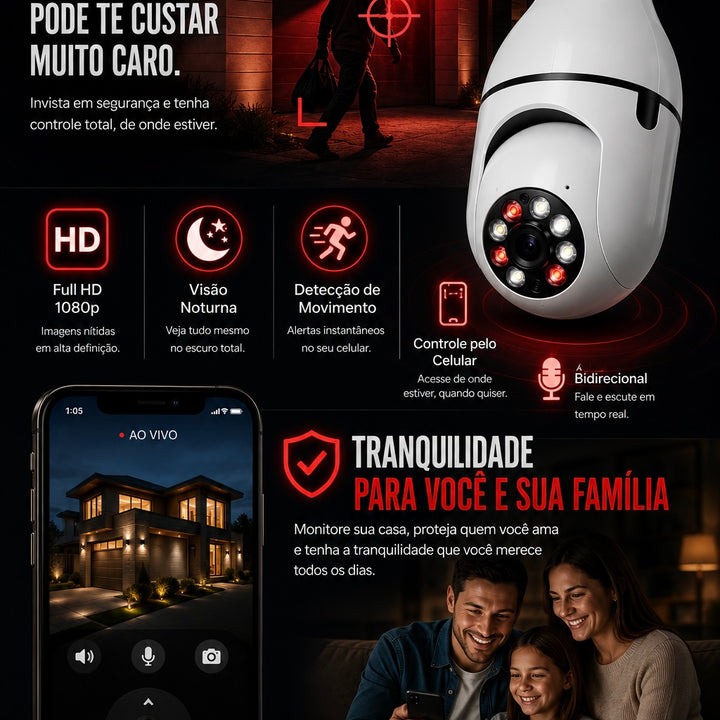 Câmera Lâmpada Wi-Fi 360° HD com Visão Noturna e Detecção de Movimento